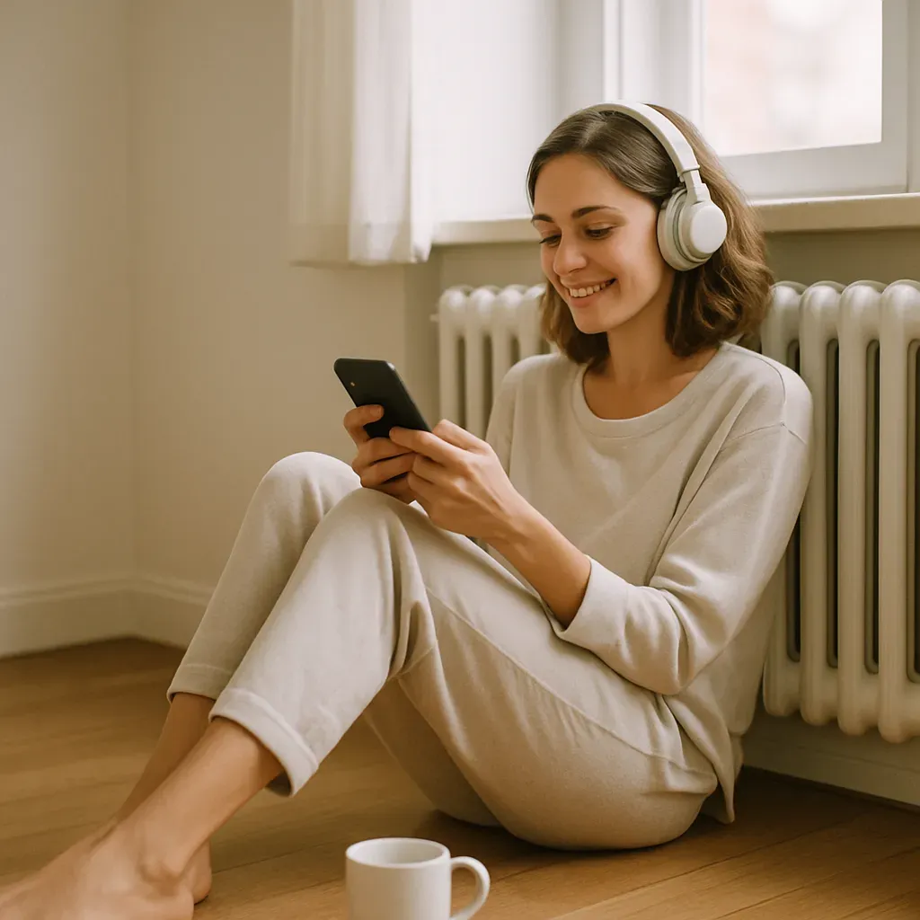 eine Frau sitzt vor einem Heizkörper