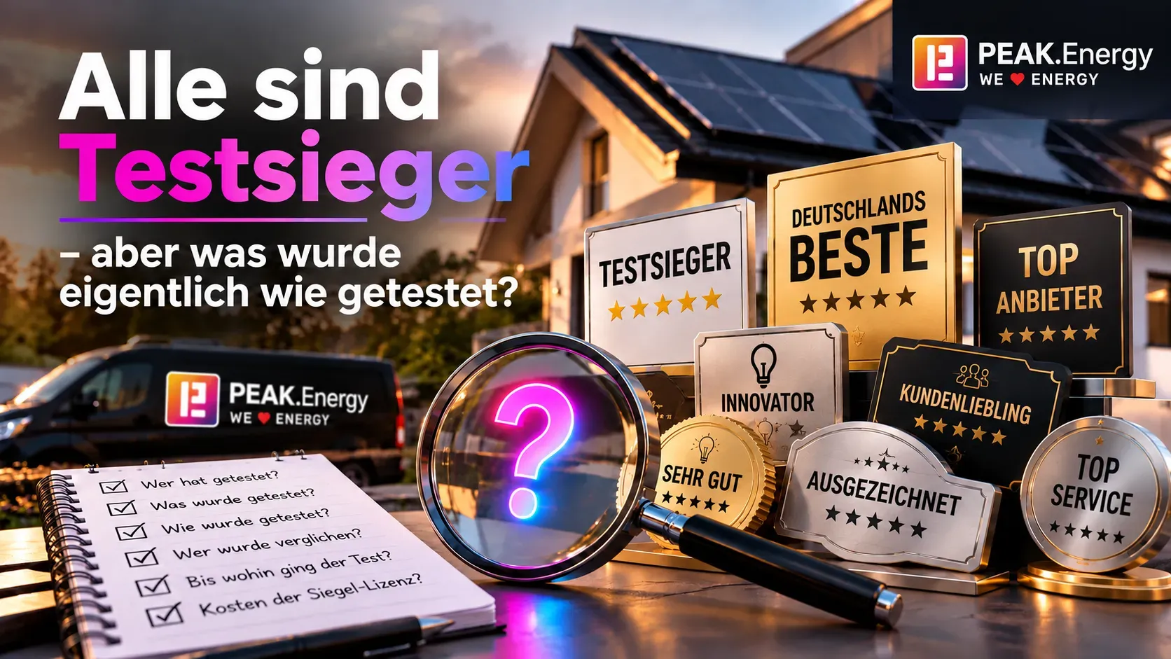 Verschiedene Testsieger-Siegel und Auszeichnungen vor einem Haus mit Solaranlage, davor eine Lupe mit Fragezeichen und eine Checkliste zur Prüfung von Testsiegeln