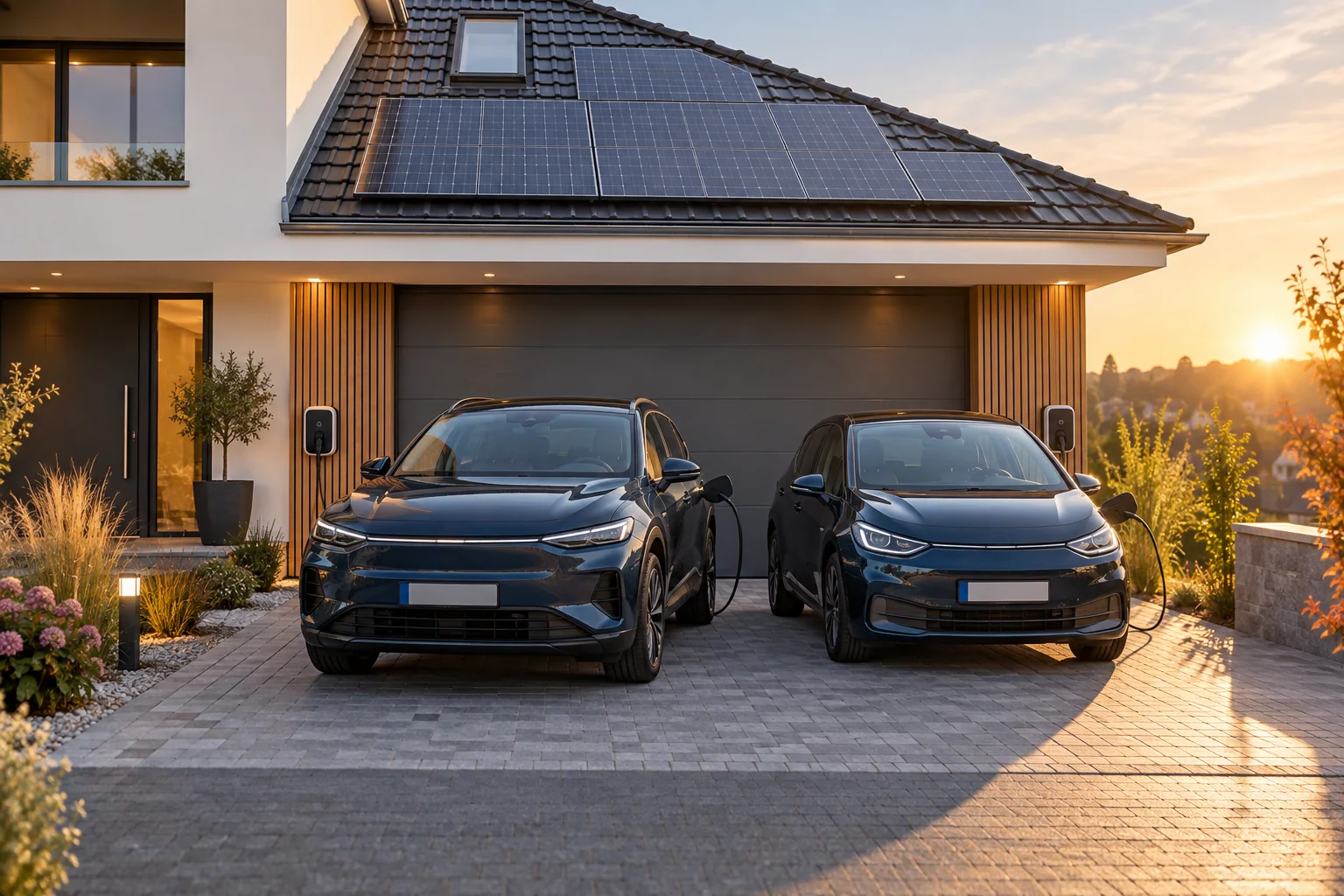 Zwei Elektroautos laden an zwei koordinierten Wallboxen
